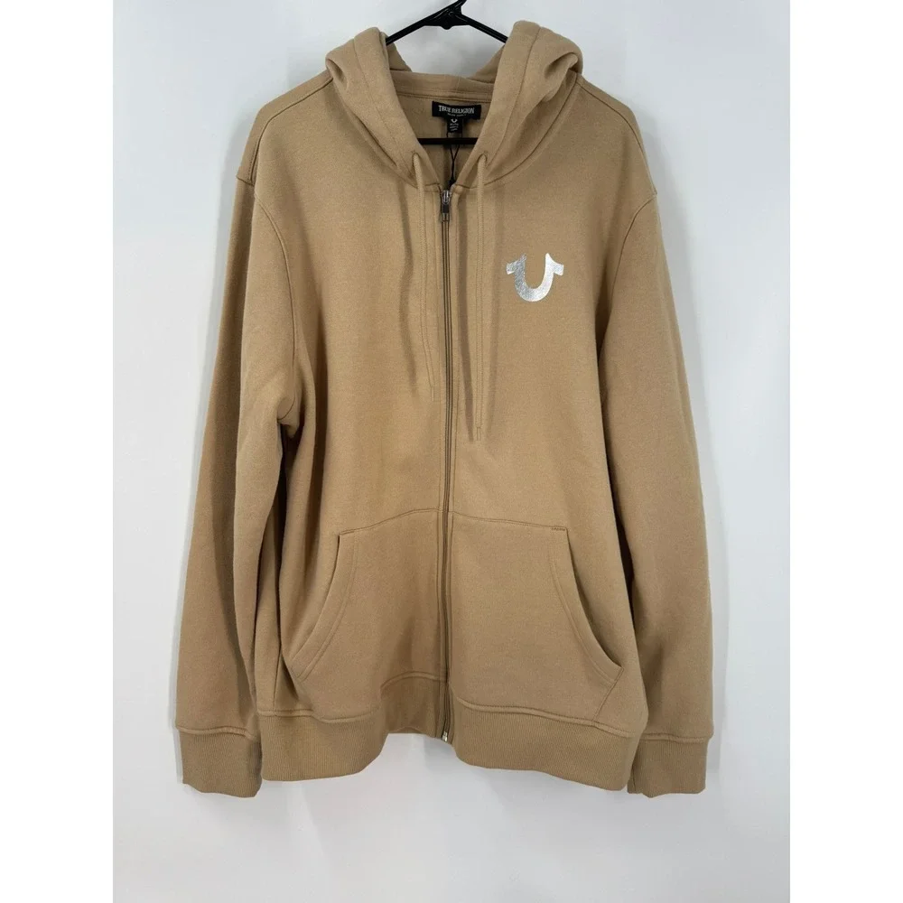 True Religion Men's‎ Tan Buddha Foil Horseshoe Zip Hoodie Sweatshirt Size XL